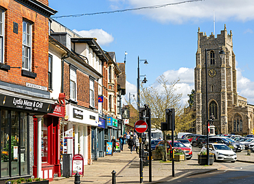 Historic buildings view to church of Saint Peter, Market Hill, town centre of Sudbury, Suffolk, England, UK