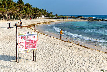 Peligro (Danger) sign swimming prohibited, Playa Secreto beach, Isla Mujeres, Caribbean Coast, Cancun, Quintana Roo, Mexico, North America