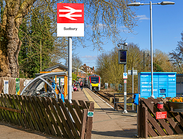Abellio Greater Anglia class 745 train arriving at platform of railway station, Sudbury, Suffolk, England, UK