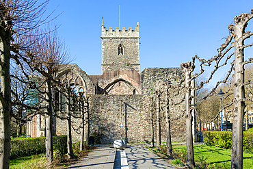 Ruins of St Peter's church bombed 1940 in Castle Park, city centre of Bristol, England, UK