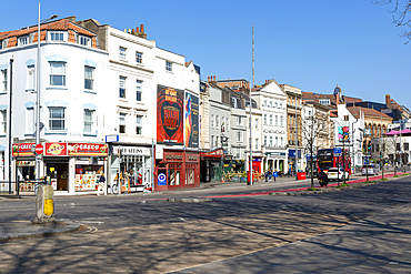 Historic buildings and shops, St Augustine's Parade, city centre of Bristol, England, UK