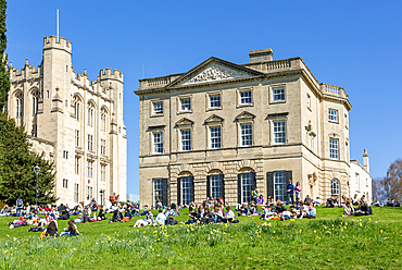 Students on lawn sunbathing, Royal Fort House architect James Bridges 1761, University of Bristol, England, UK