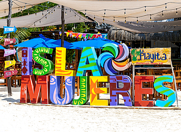 Colourful sign on beach, Isla Mujeres, Caribbean Coast, Cancun, Quintana Roo, Mexico, North America