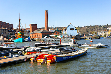 Chimney and industrial heritage buildings, Underfall Yard, Floating Harbour, Bristol, England, UK