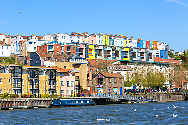 The Floating Harbour, Bristol, England, UK - colourful houses on hillside at Hotwells