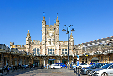 Historic frontage of Temple Meads railway station building, Bristol, England, UK architect Isambard Kingdom Brunel 1840