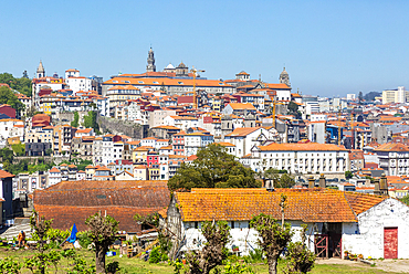 View from Vila Nova de Gaia of historic riverside buildings in Ribeira Porto, Portugal, Europe,