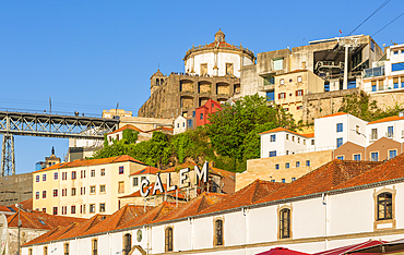 Sign above Calem port wine lodge, historic buildings in Vila Nova de Gaia, Porto, Portugal, Europe