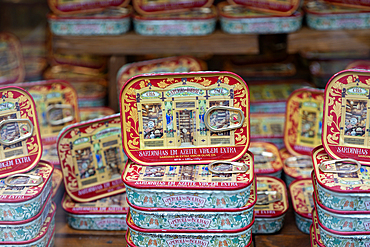 Tins of sardines on display in shop window, city of Porto, Portugal, Europe