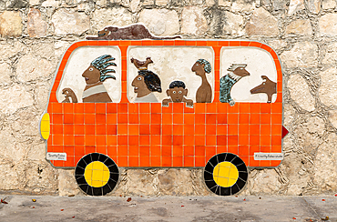 Ceramic tile artwork of Volkswagen van and passengers, Timothy Fisher Studio, Isla Mujeres, Caribbean Coast, Cancun, Quintana Roo, Mexico, North America