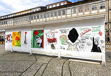 Display of feminist artworks, Largo do Toural, Toural square, city of Guimaraes, northern Portugal, Europe