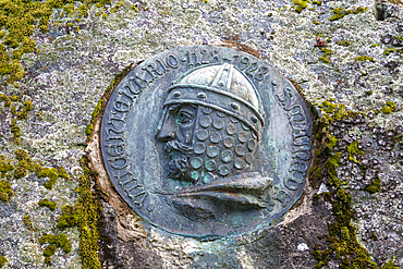 Plague on castle wall of Dom Afonso Henriques 1109-1185 first king of Portugal, Guimaraes, northern Portugal, Europe