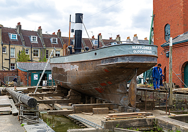 Historic steam tugboat Mayflower 1861 being repaired on the Patent Slip, Underfall Yard, Bristol, England, UK