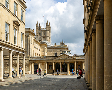 Georgian style buildings with colonnades, Bath Street, city of Bath, north east Somerset, England, UK