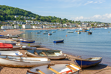 Small boats in harbour at Back Beach, Teignmouth, south Devon, England, UK view to Shaldon