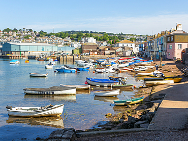 Small boats in harbour at Back Beach, Teignmouth, south Devon, England, UK