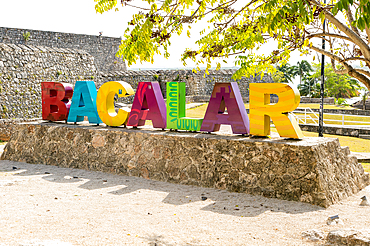 Colourful lettering sign Lake Bacalar, Bacalar, Quintana Roo, Yucatan Peninsula, Mexico, North America