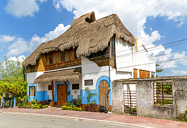 Unusual thatched palm house, Bacalar, Quintana Roo, Yucatan Peninsula, Mexico, North America