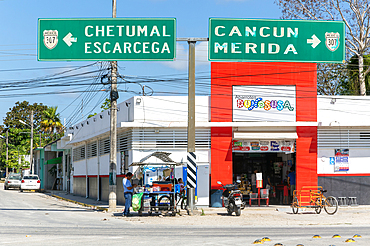 Vehicles road sign on highway 307, for Chetumal Escarcega and Cancun Merida, Bacalar, Quintana Roo, Mexico, North America