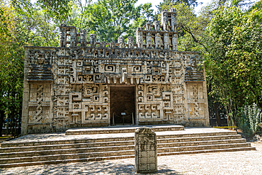 Reproduction facade of Hochob temple, Chenes Culture architecture, National Museum of Anthropology, Mexico City, Mexico, North America