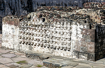 Wall of stone skulls called Tzompantli, archaeological site and museum of Templo Mayor, Tenochtitlan, UNESCO World Heritage Site, Mexico City, Mexico, North America