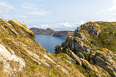 West facing steep cliffs view north from Isla del Faro, Cies Islands, Atlantic Islands Galicia Maritime Terrestrial National Park, Galicia, Spain, Europe