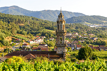 Tower of church of Igrexa de Santo Andre and surrounding countryside, Campo Redondo, Ribadavia, Ourense province, Galicia, Spain, Europe