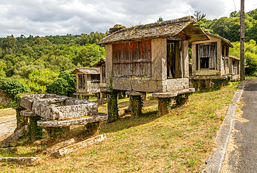 Derelict abandoned old granary grain stores (horreos) in village of Rubillon, Ourense province, Galicia, Spain, Europe