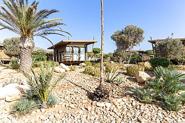 Wooden cabin bungalow in gardens, Radisson Blu Resort, Taghazout Bay Surf Village, Taghazout, Morocco, North Africa, Africa