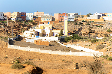 Mosque and houses in village of Sidi Boufdail, Mirleft, Morocco, North Africa, Africa