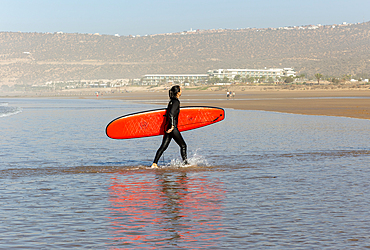 Surfer in Atlantic Ocean on beach, Taghazout, Morocco, North Africa, Africa