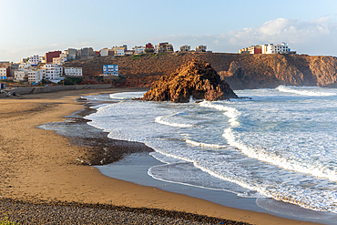 Beach and coastline in bay, Plage Sidi Mohammed Ben Abdellah, Mirleft, Morocco, North Africa, Africa