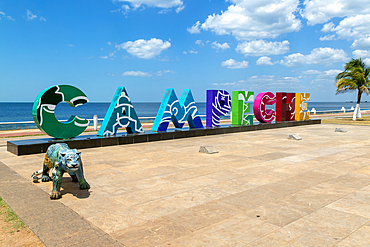 Colourful letters spelling name of Campeche city, on the Malecon seafront promenade, Campeche City, Campeche State, Mexico, North America