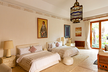 Bedroom with portrait of Farah Diba Pahlavi, Palais Claudio Bravo, Taroudant, Sous Valley, Morocco, North Africa, Africa