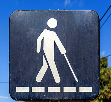 Street sign of blind person crossing road with white stick, Taroudant, Sous Valley, Morocco, North Africa, Africa