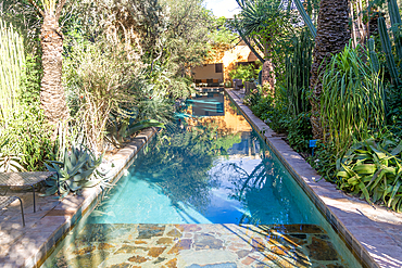 Garden and swimming pool, Dar al Hossoun hotel, architects Eric Ossart and Arnaud Maurieres, Taroudant, Sous Valley, Morocco, North Africa, Africa