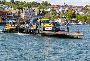 Vehicle ferry crossing River Dart estuary from Dartmouth to KIngswear, Devon, England, United Kingdom, Europe