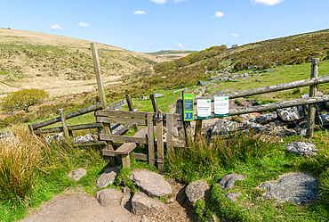 Stile and path leading to Wistman's Wood, Dartmoor, south Devon, England, United Kingdom, Europe