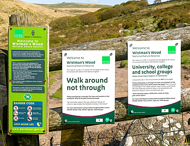 Information signs National Nature Reserve, Wistman's Wood, Dartmoor, south Devon, England, United Kingdom, Europe