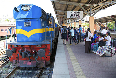 Platform and train, railway station, Galle, Sri Lanka, Asia