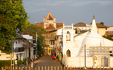 Street and house in historic town with Christian church and Buddhist temple, UNESCO World Heritage Site, Galle, Sri Lanka, Asia