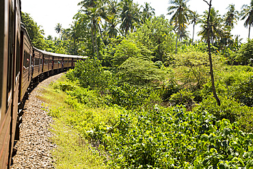 Railway train passing through countryside between Galle and Mirissa, Sri Lanka, Asia