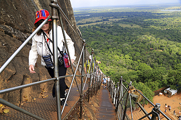 Metal staircase ascending from rock palace fortress, Sigiriya, UNESCO World Heritage Site, Central Province, Sri Lanka, Asia