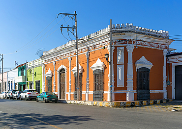 Spanish colonial architecture of buildings in barrio San Roman, Campeche city, Campeche State, Mexico, North America