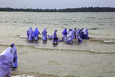 Muslim girls bathing in their clothes, Pasikudah Bay, Eastern Province, Sri Lanka, Asia