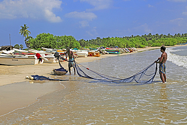 Men with fishing nets on tropical beach at Pasikudah Bay, Eastern Province, Sri Lanka, Asia