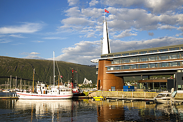 Modern architecture of Scandic Hotel and boats in harbour, city centre of Tromso, Norway, Scandinavia, Europe