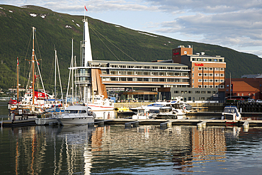 Modern architecture of Scandic Hotel and boats in harbour, city centre of Tromso, Norway, Scandinavia, Europe