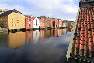 Historic waterside warehouse buildings on River Nidelva, Bryggene, Trondheim, Norway, Scandinavia, Europe