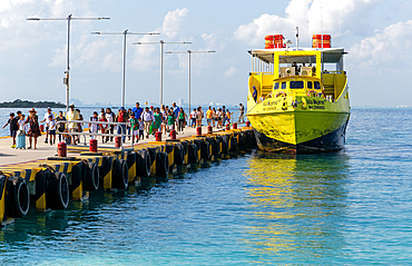 Ultramar ferry boat arriving at Isla Mujeres, Caribbean Coast, Cancun, Quintana Roo, Mexico, North America